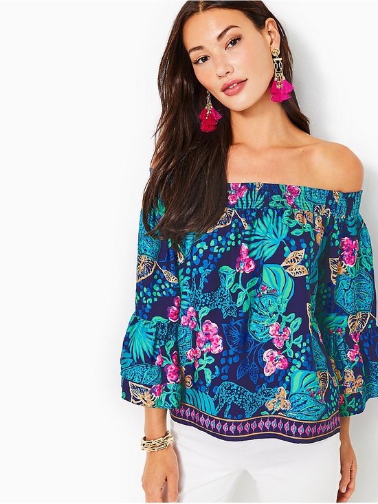 Lilly Pulitzer Tops - Lilly Pulitzer Kaori off the shoulder top low tide navy life of the party sz lg